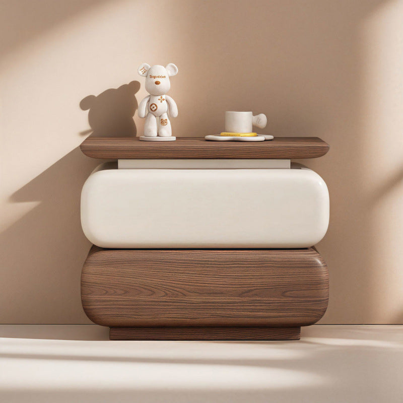 Traditional Vintage Solid Wood Microfiber Leather Rounded Square Nightstand With 2 Drawers For Bedroom