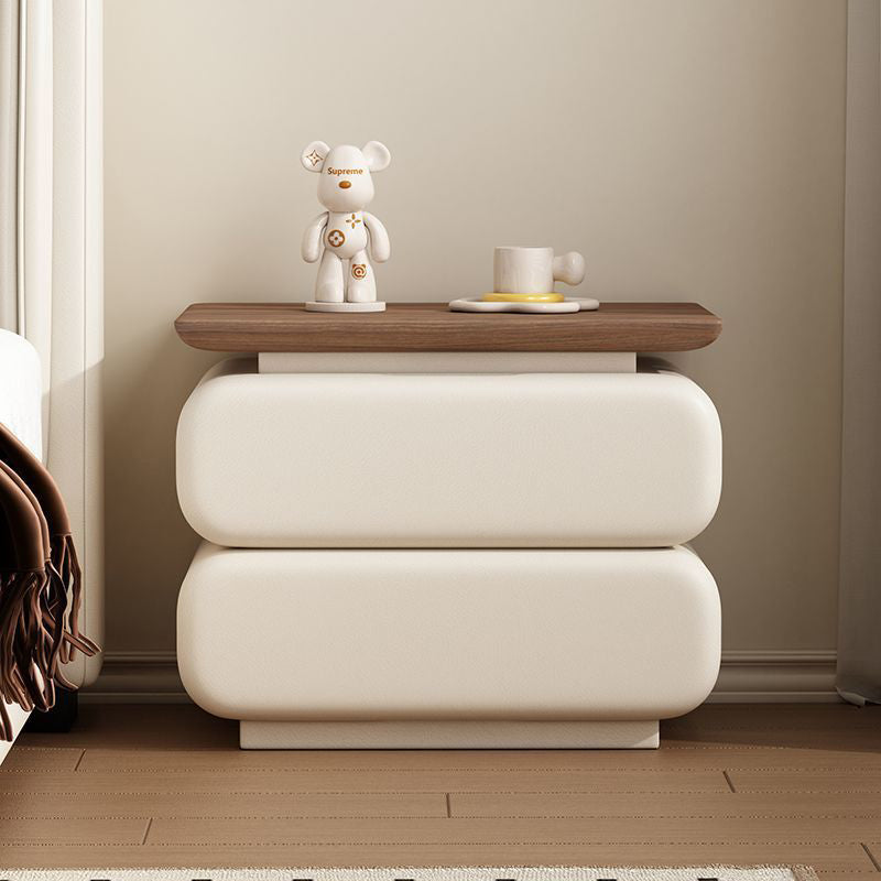 Traditional Vintage Solid Wood Microfiber Leather Rounded Square Nightstand With 2 Drawers For Bedroom