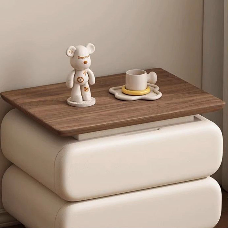 Traditional Vintage Solid Wood Microfiber Leather Rounded Square Nightstand With 2 Drawers For Bedroom