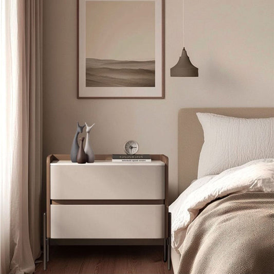 Modern Luxury Sintered Stone Microfiber Leather Plywood Rounded Square Nightstand With 2 Drawers For Bedroom