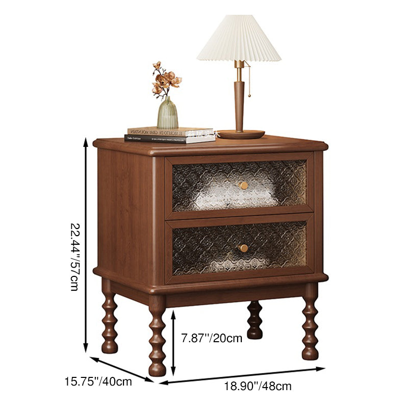 Traditional Vintage Solid Wood Glass Metal Patterned Square Nightstand With 2 Drawers For Bedroom