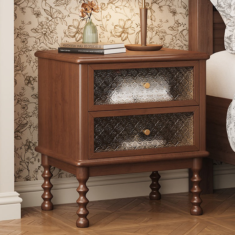 Traditional Vintage Solid Wood Glass Metal Patterned Square Nightstand With 2 Drawers For Bedroom