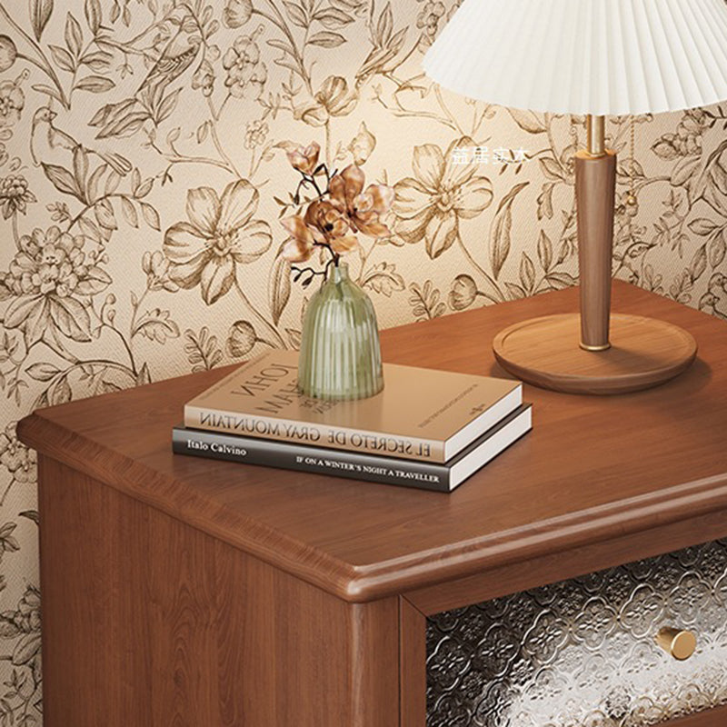 Traditional Vintage Solid Wood Glass Metal Patterned Square Nightstand With 2 Drawers For Bedroom