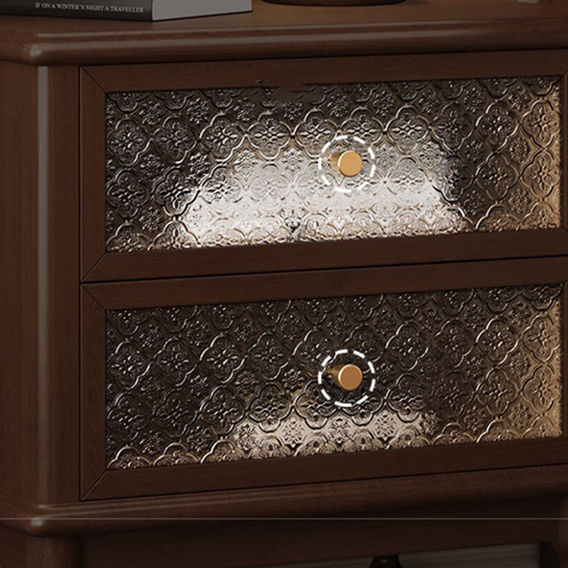 Traditional Vintage Solid Wood Glass Metal Patterned Square Nightstand With 2 Drawers For Bedroom