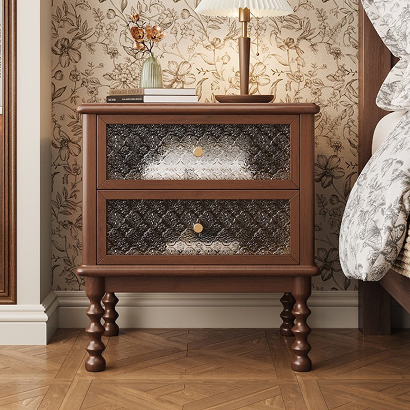 Traditional Vintage Solid Wood Glass Metal Patterned Square Nightstand With 2 Drawers For Bedroom