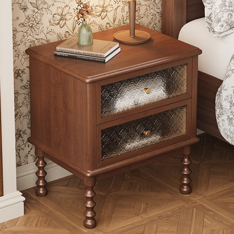 Traditional Vintage Solid Wood Glass Metal Patterned Square Nightstand With 2 Drawers For Bedroom