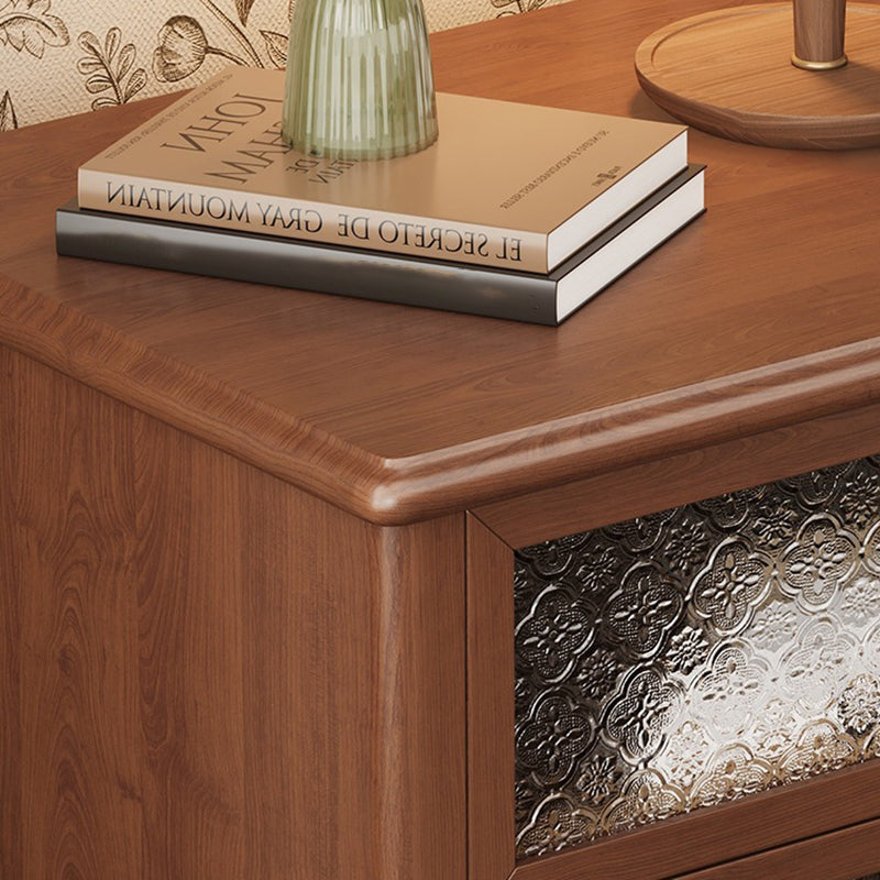 Traditional Vintage Solid Wood Glass Metal Patterned Square Nightstand With 2 Drawers For Bedroom