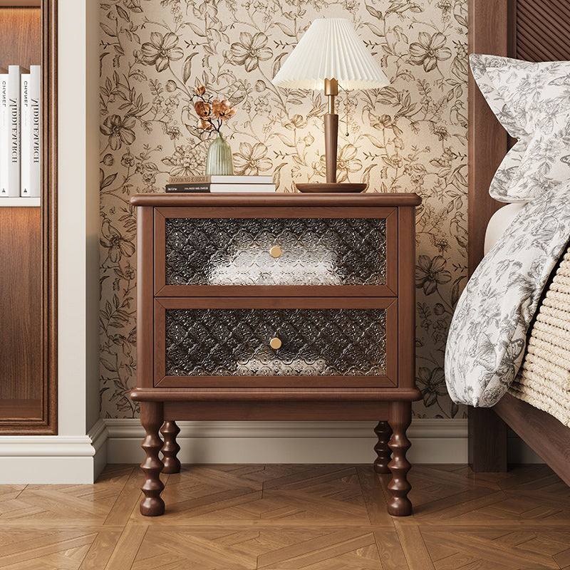 Traditional Vintage Solid Wood Glass Metal Patterned Square Nightstand With 2 Drawers For Bedroom