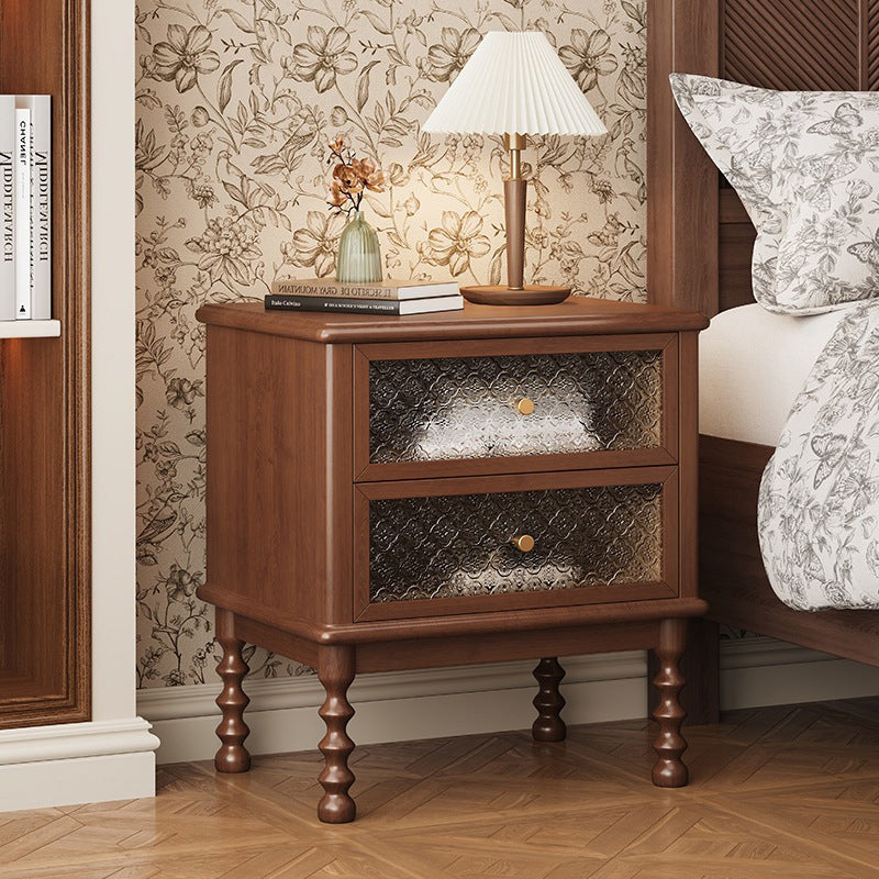 Traditional Vintage Solid Wood Glass Metal Patterned Square Nightstand With 2 Drawers For Bedroom