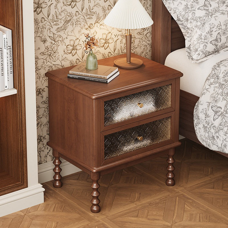Traditional Vintage Solid Wood Glass Metal Patterned Square Nightstand With 2 Drawers For Bedroom