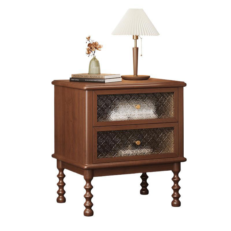 Traditional Vintage Solid Wood Glass Metal Patterned Square Nightstand With 2 Drawers For Bedroom