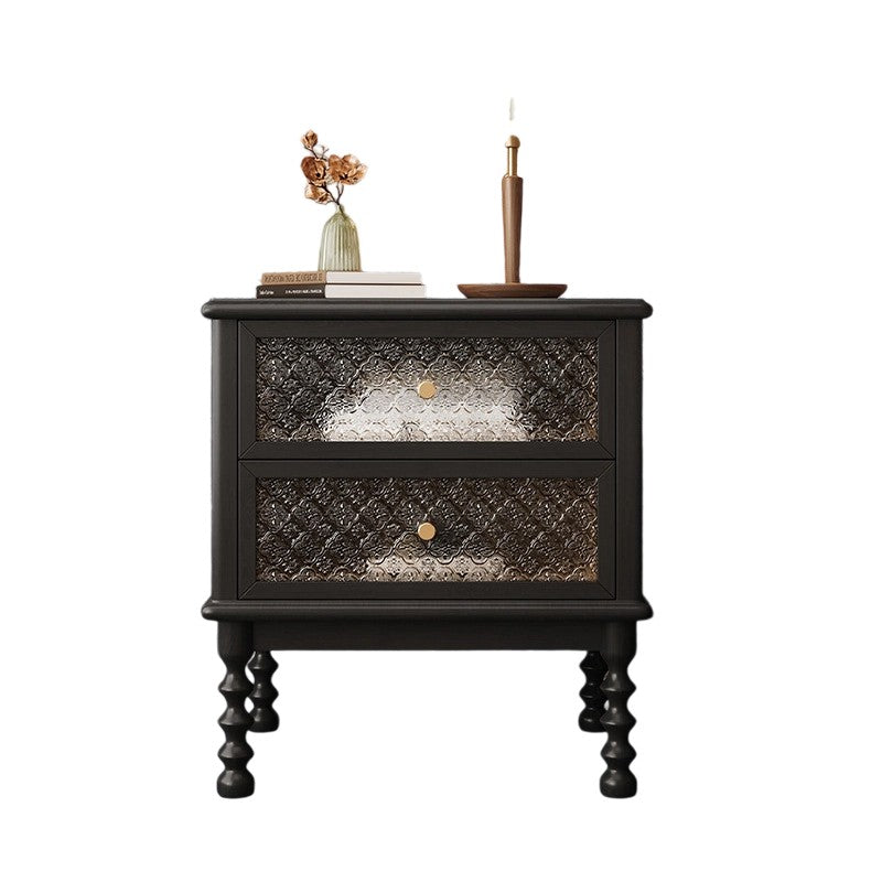 Traditional Vintage Solid Wood Glass Metal Patterned Square Nightstand With 2 Drawers For Bedroom