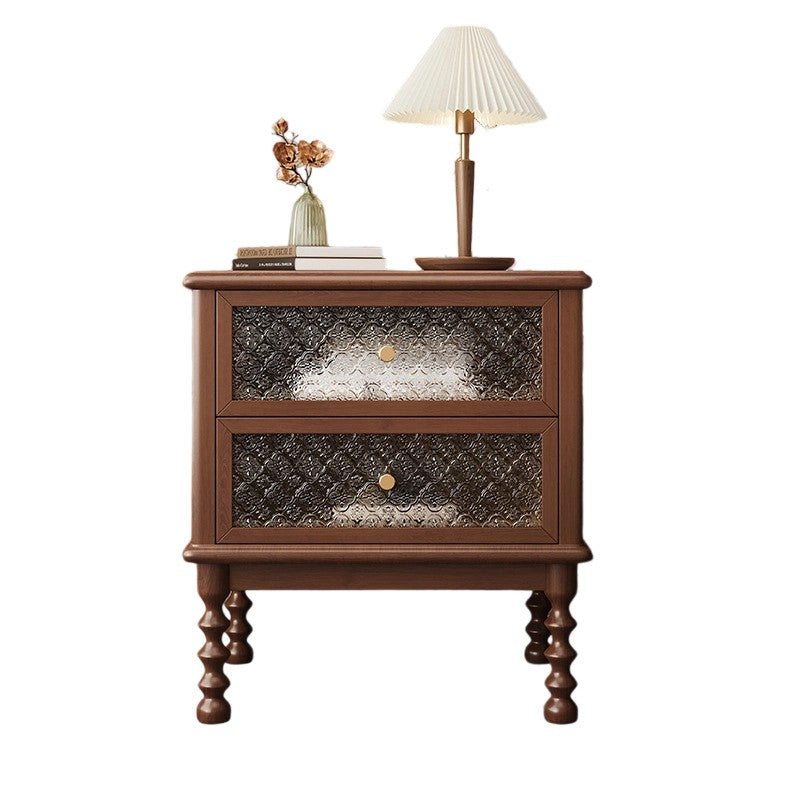 Traditional Vintage Solid Wood Glass Metal Patterned Square Nightstand With 2 Drawers For Bedroom
