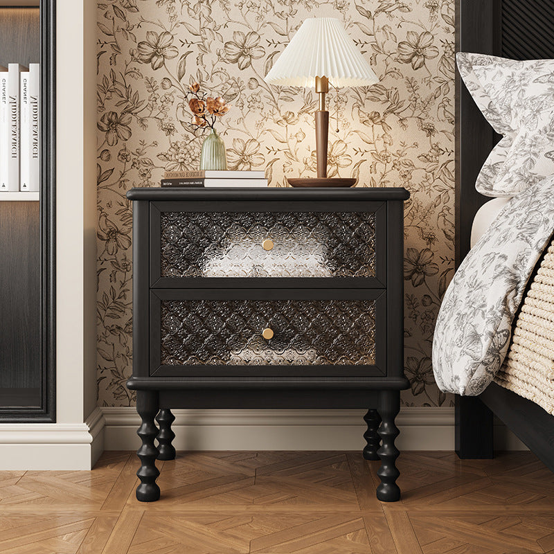 Traditional Vintage Solid Wood Glass Metal Patterned Square Nightstand With 2 Drawers For Bedroom