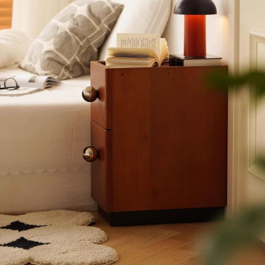 Traditional Vintage Pine Wood Stainless Steel Rectangular Ball Nightstand 2-Tier For Bedroom