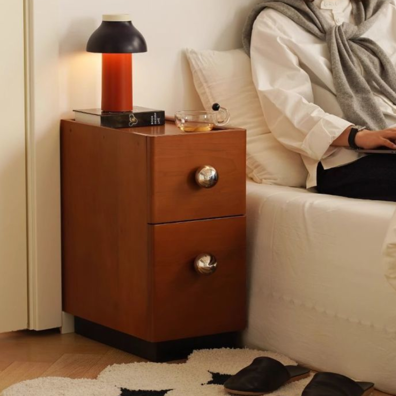 Traditional Vintage Pine Wood Stainless Steel Rectangular Ball Nightstand 2-Tier For Bedroom