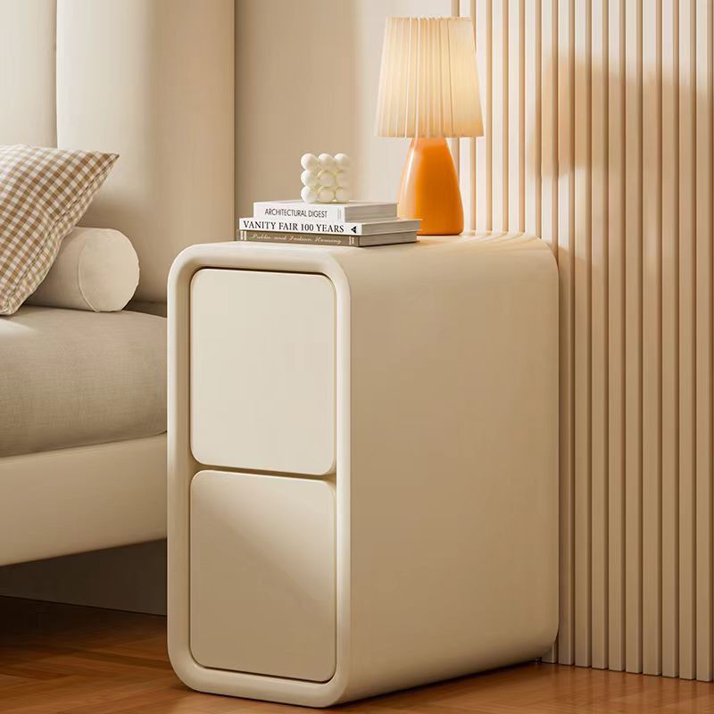 Modern Minimalist Faux Leather MDF Rounded Rectangular Nightstand 2-Drawer For Bedroom