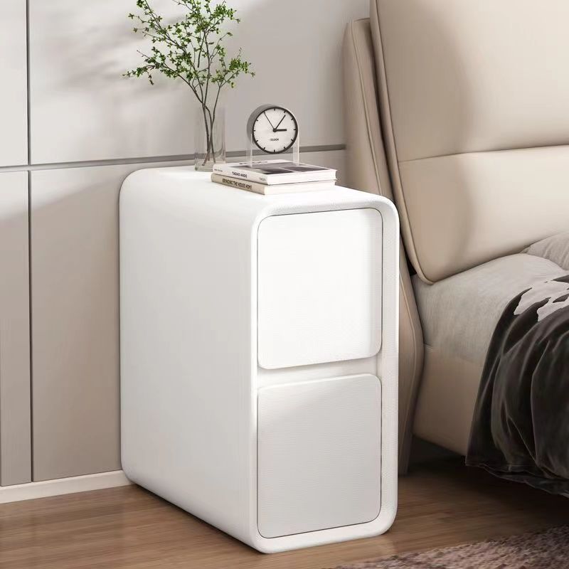 Modern Minimalist Faux Leather MDF Rounded Rectangular Nightstand 2-Drawer For Bedroom