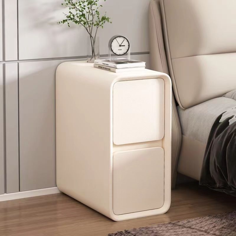 Modern Minimalist Faux Leather MDF Rounded Rectangular Nightstand 2-Drawer For Bedroom