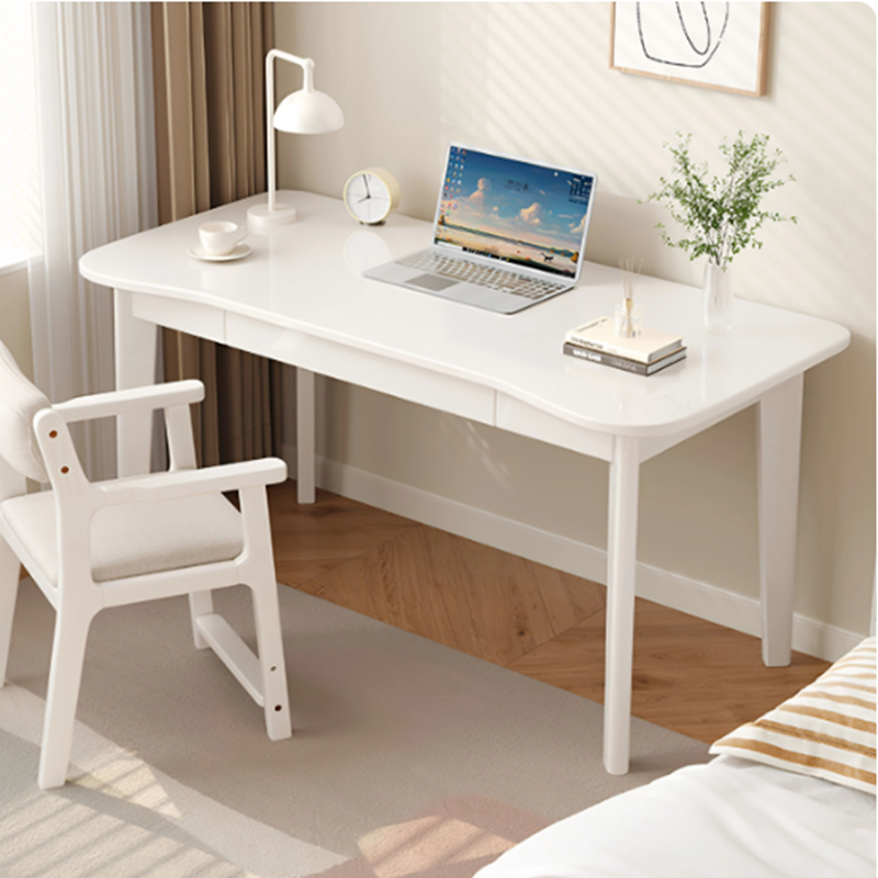 Modern Minimalist Solid Wood Multilayer Board Rubberwood Curved Rectangular Office Desk 1-Drawer For Bedroom
