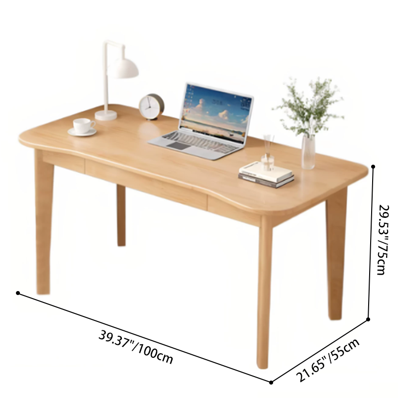 Modern Minimalist Solid Wood Multilayer Board Rubberwood Curved Rectangular Office Desk 1-Drawer For Bedroom