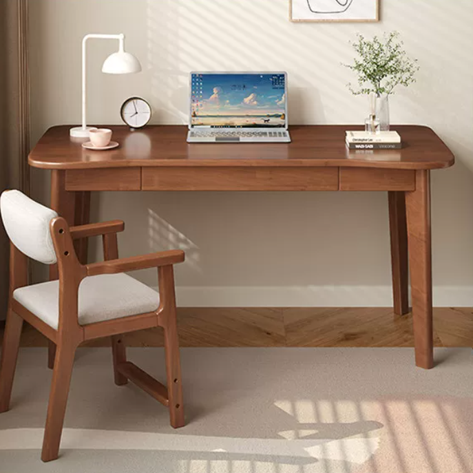 Modern Minimalist Solid Wood Multilayer Board Rubberwood Curved Rectangular Office Desk 1-Drawer For Bedroom