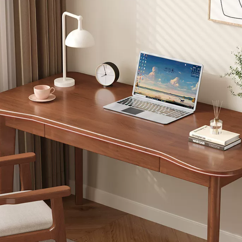 Modern Minimalist Solid Wood Multilayer Board Rubberwood Curved Rectangular Office Desk 1-Drawer For Bedroom