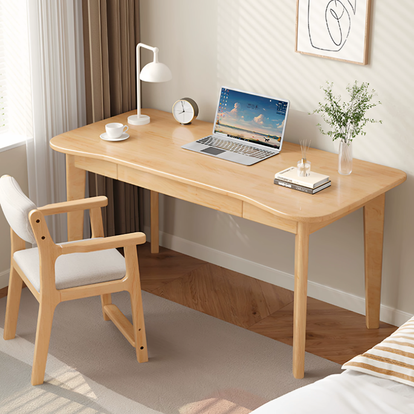 Modern Minimalist Solid Wood Multilayer Board Rubberwood Curved Rectangular Office Desk 1-Drawer For Bedroom