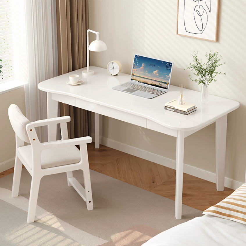 Modern Minimalist Solid Wood Multilayer Board Rubberwood Curved Rectangular Office Desk 1-Drawer For Bedroom