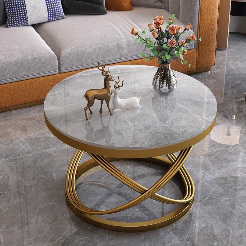 Contemporary Scandinavian Sintered Stone Metal Round Curved Lines Coffee Table 1 Tier For Living Room