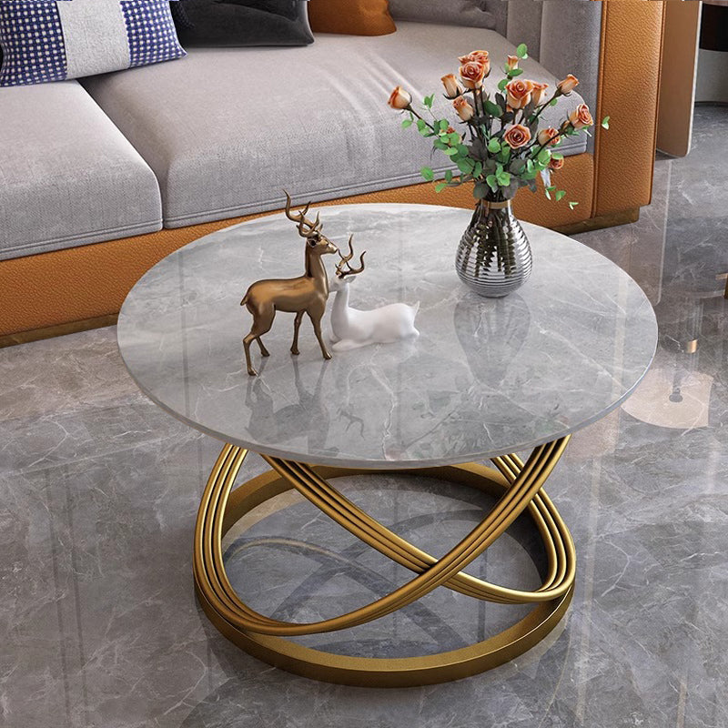 Contemporary Scandinavian Sintered Stone Metal Round Curved Lines Coffee Table 1 Tier For Living Room