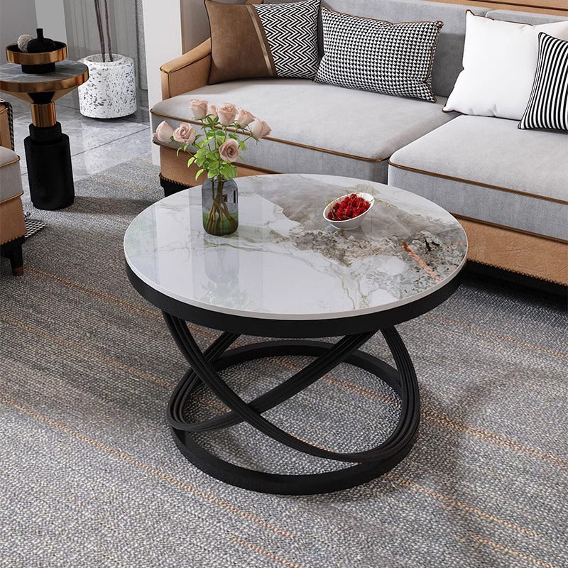 Contemporary Scandinavian Sintered Stone Metal Round Curved Lines Coffee Table 1 Tier For Living Room