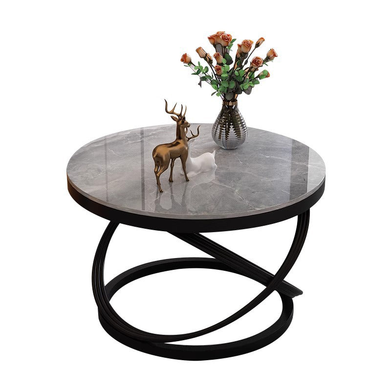Contemporary Scandinavian Sintered Stone Metal Round Curved Lines Coffee Table 1 Tier For Living Room
