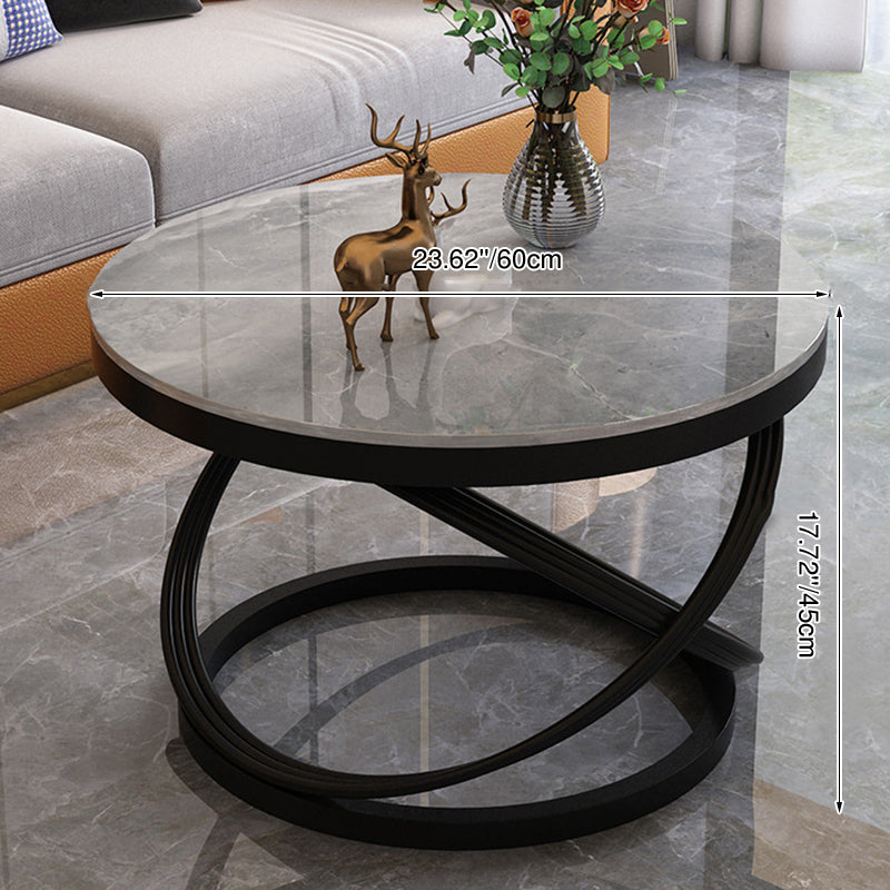 Contemporary Scandinavian Sintered Stone Metal Round Curved Lines Coffee Table 1 Tier For Living Room