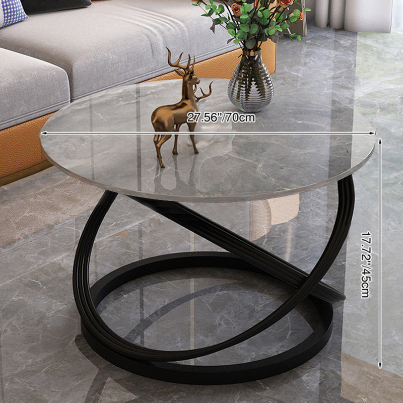 Contemporary Scandinavian Sintered Stone Metal Round Curved Lines Coffee Table 1 Tier For Living Room