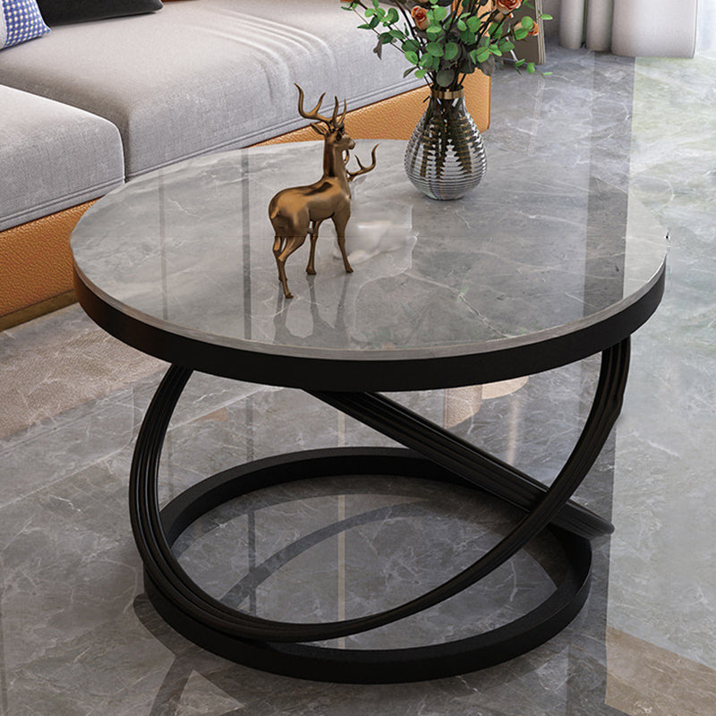 Contemporary Scandinavian Sintered Stone Metal Round Curved Lines Coffee Table 1 Tier For Living Room