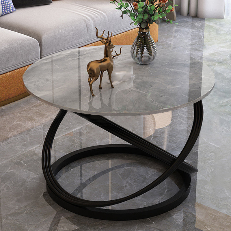 Contemporary Scandinavian Sintered Stone Metal Round Curved Lines Coffee Table 1 Tier For Living Room