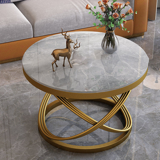 Contemporary Scandinavian Sintered Stone Metal Round Curved Lines Coffee Table 1 Tier For Living Room