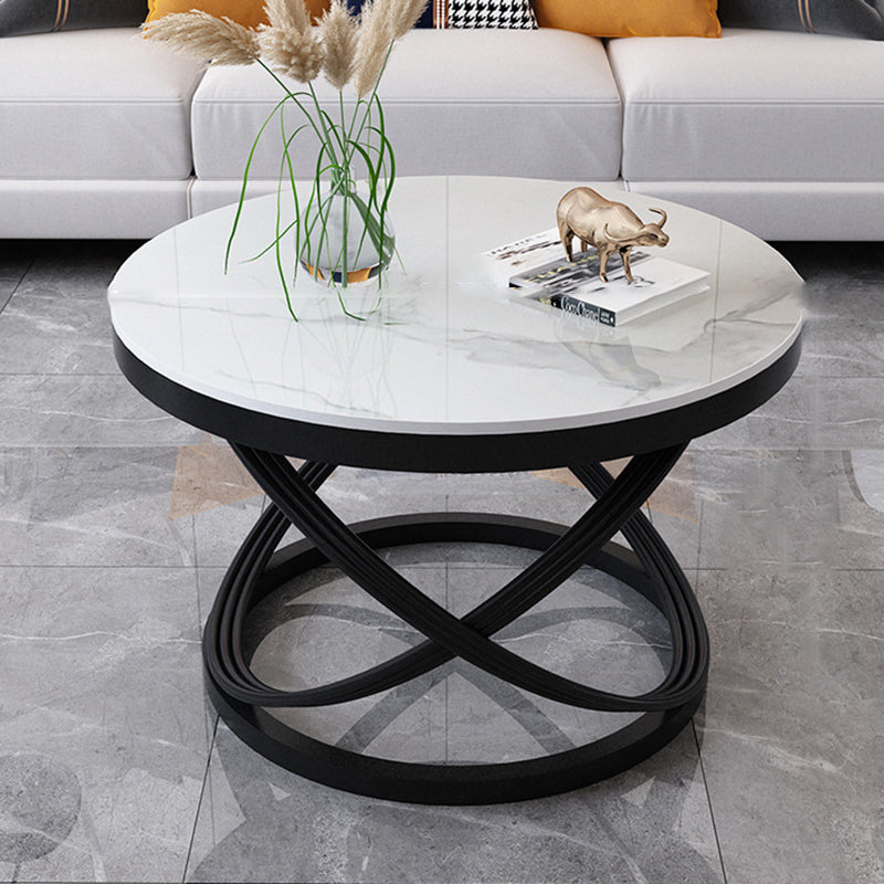 Contemporary Scandinavian Sintered Stone Metal Round Curved Lines Coffee Table 1 Tier For Living Room