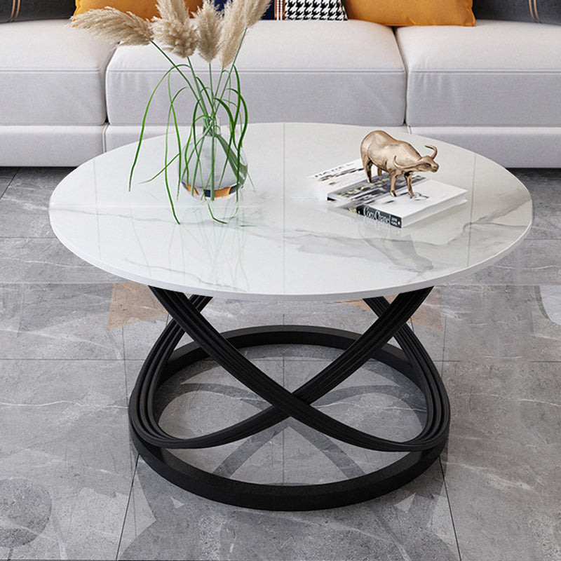 Contemporary Scandinavian Sintered Stone Metal Round Curved Lines Coffee Table 1 Tier For Living Room