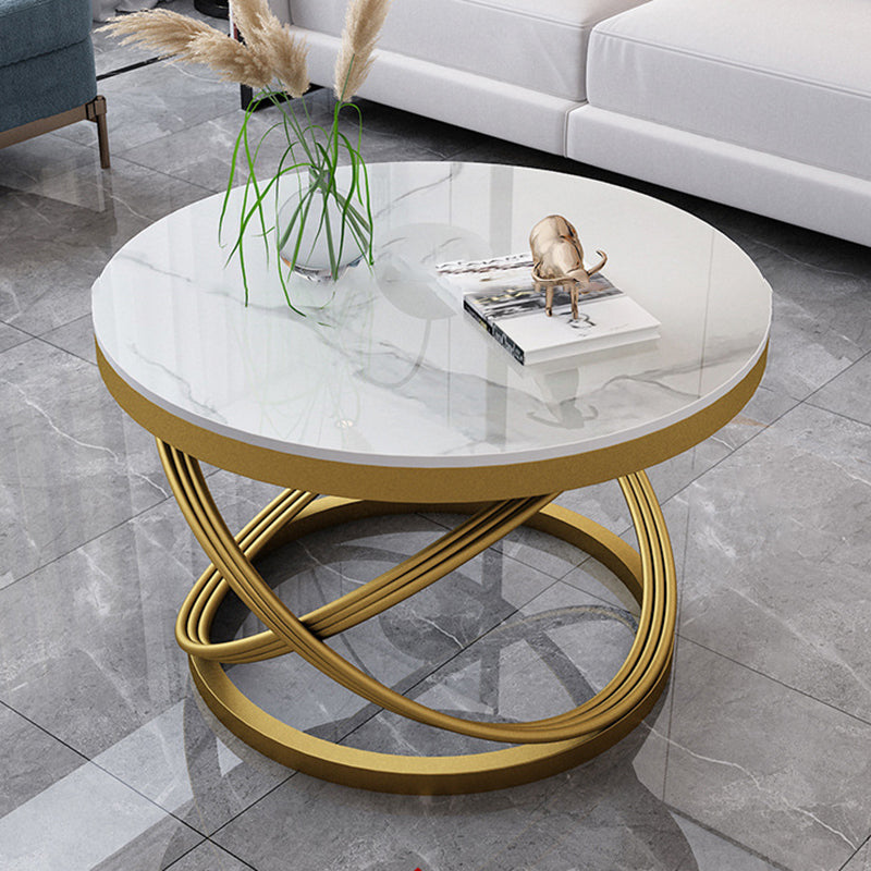 Contemporary Scandinavian Sintered Stone Metal Round Curved Lines Coffee Table 1 Tier For Living Room