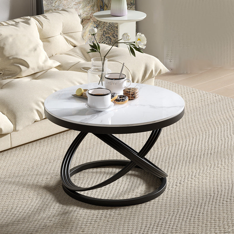 Contemporary Scandinavian Sintered Stone Metal Round Curved Lines Coffee Table 1 Tier For Living Room