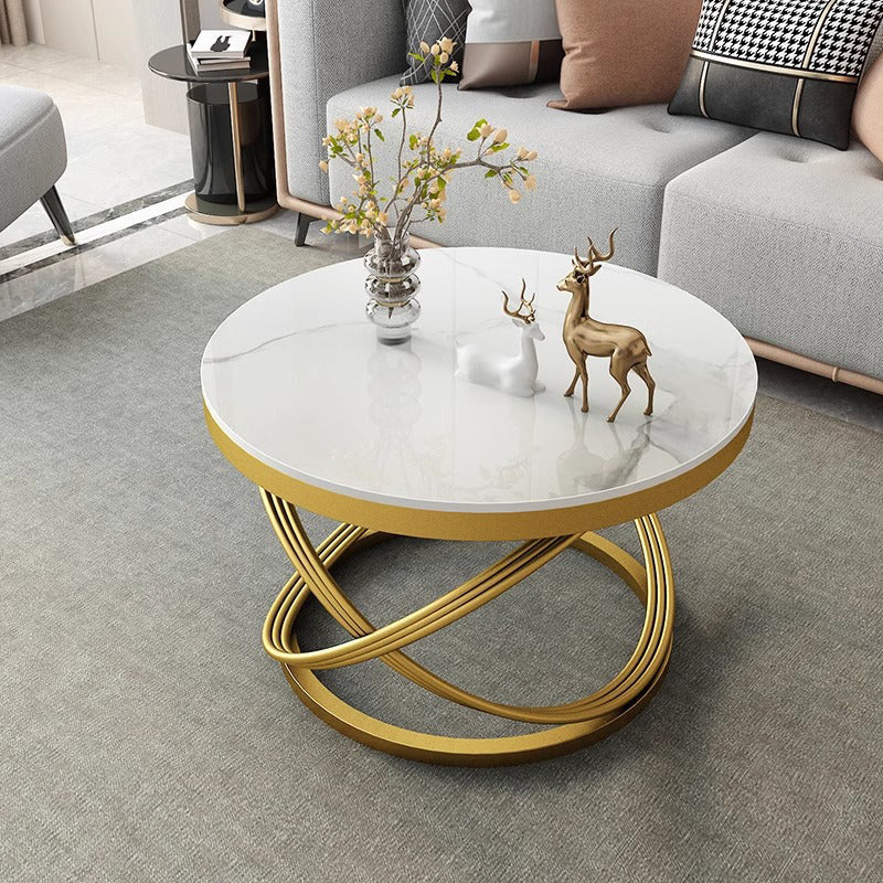 Contemporary Scandinavian Sintered Stone Metal Round Curved Lines Coffee Table 1 Tier For Living Room