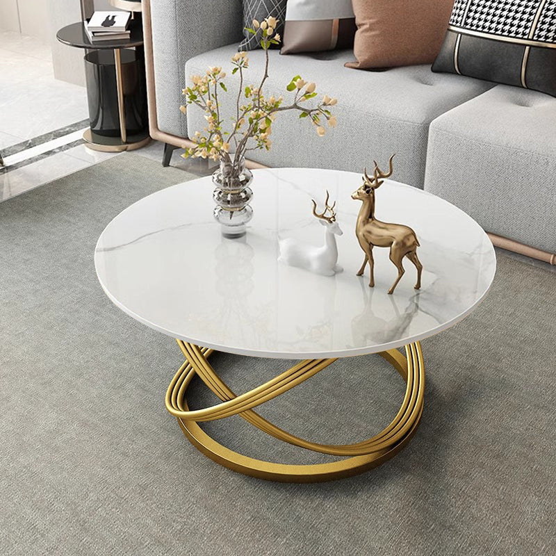Contemporary Scandinavian Sintered Stone Metal Round Curved Lines Coffee Table 1 Tier For Living Room