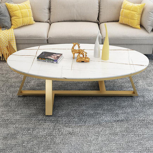 Contemporary Scandinavian Sintered Stone Iron Long Oval Coffee Table With 1-Tier For Living Room