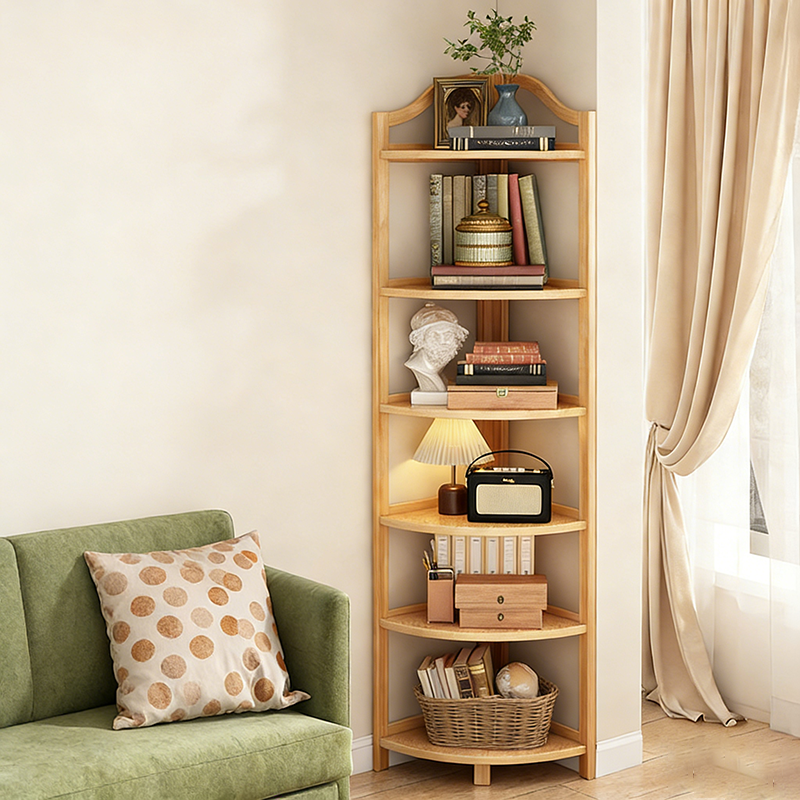Modern Minimalist Bamboo Fan-Shaped Right-Angle Corner Shelf Unit 3/4/5/6 Tier For Living Room