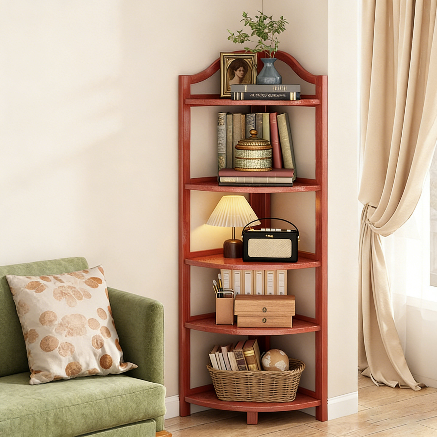 Modern Minimalist Bamboo Fan-Shaped Right-Angle Corner Shelf Unit 3/4/5/6 Tier For Living Room