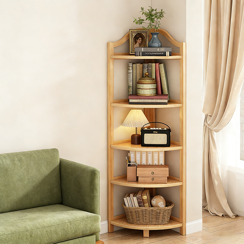 Modern Minimalist Bamboo Fan-Shaped Right-Angle Corner Shelf Unit 3/4/5/6 Tier For Living Room