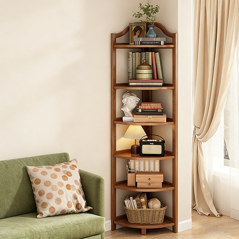 Modern Minimalist Bamboo Fan-Shaped Right-Angle Corner Shelf Unit 3/4/5/6 Tier For Living Room
