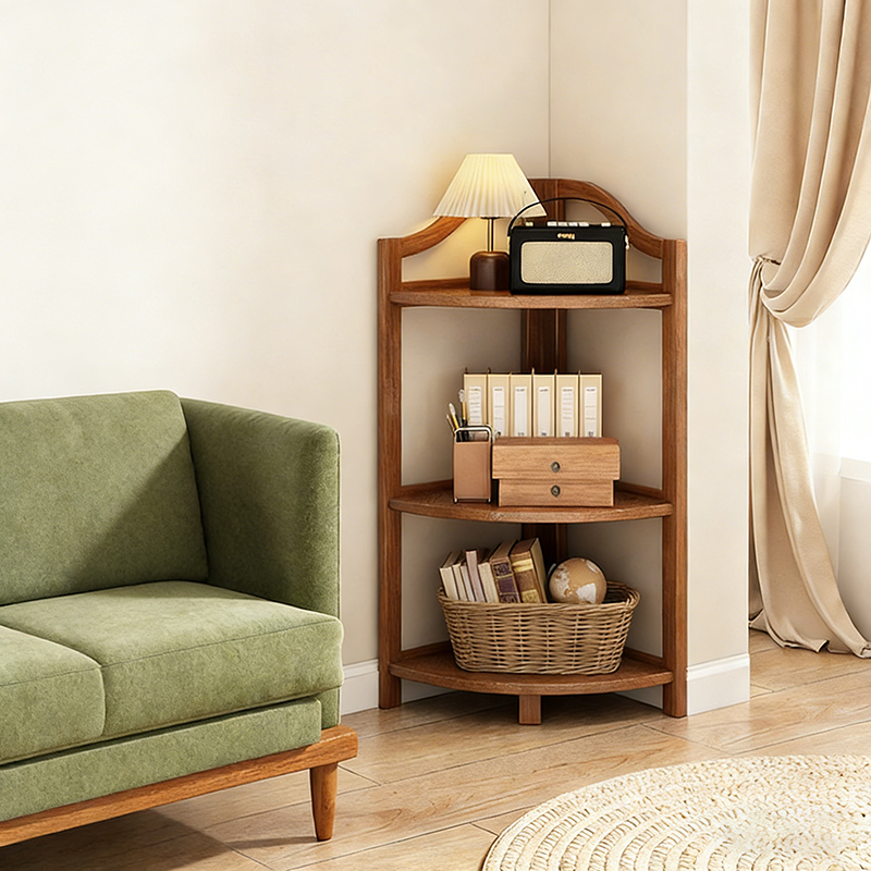 Modern Minimalist Bamboo Fan-Shaped Right-Angle Corner Shelf Unit 3/4/5/6 Tier For Living Room